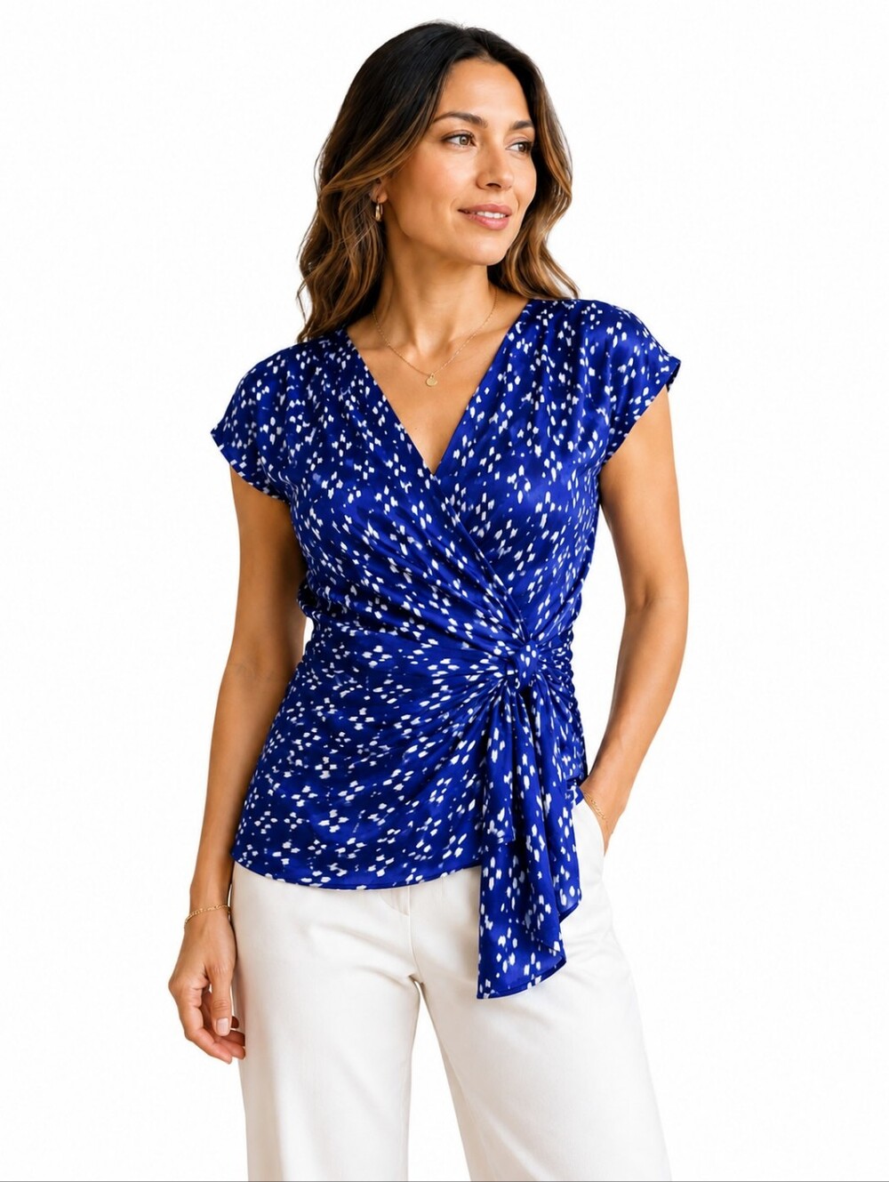 EDME & ESYLLTE 100% Silk Blue/White Ikat Print Wrap Blouse Size 8 Feminine Boho